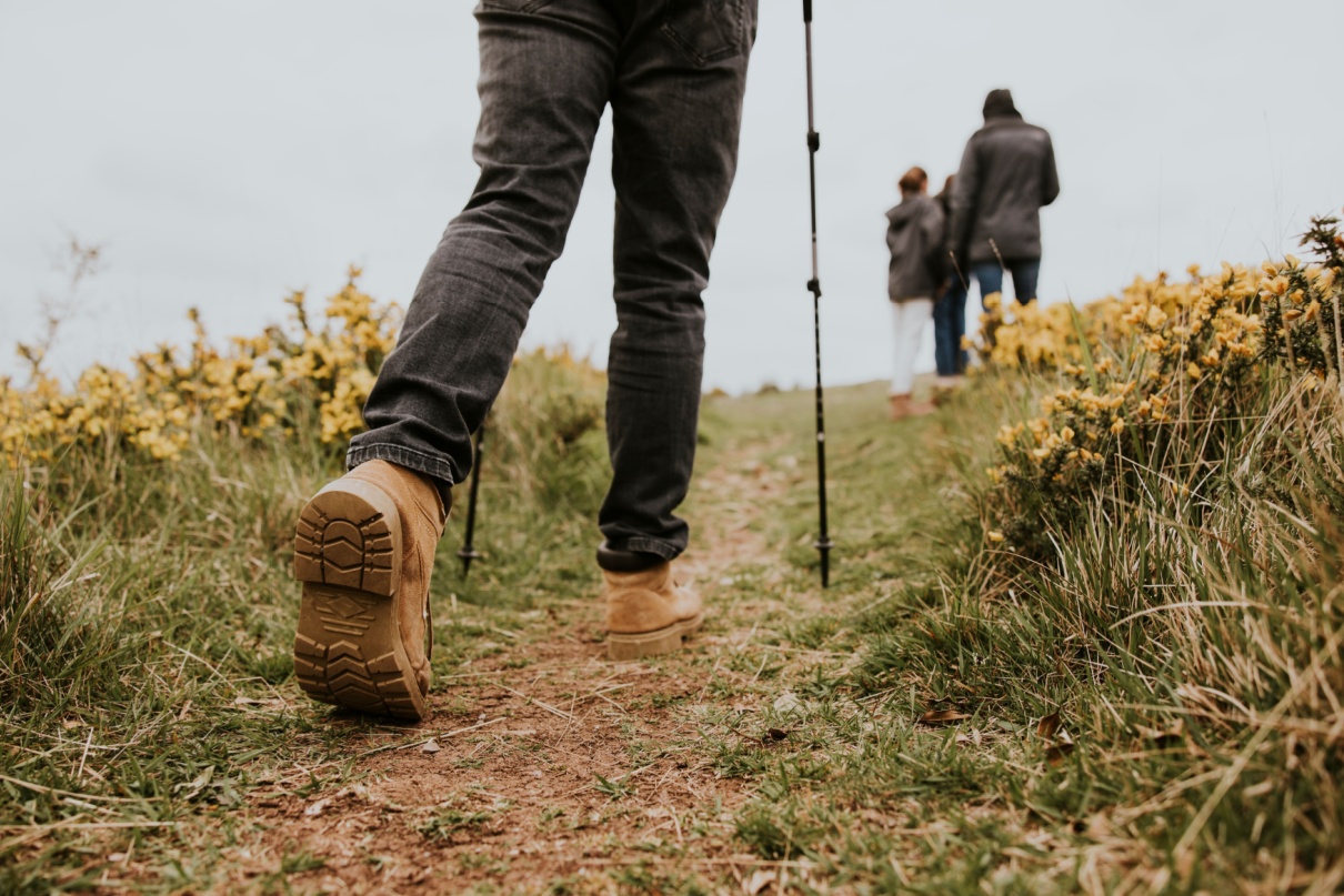 A group of people walking along a hiking trail.